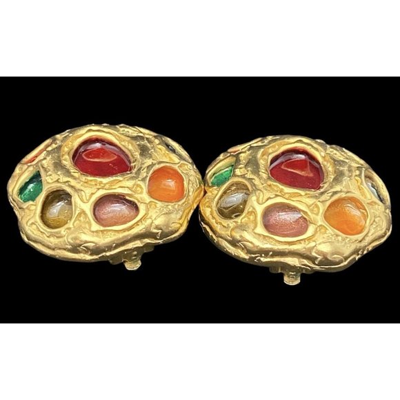 Vtg DKNY Gripoix Mogul Gold Tone Clip Earrings Rare Donna Karen 80s Multicolor - Picture 5 of 10